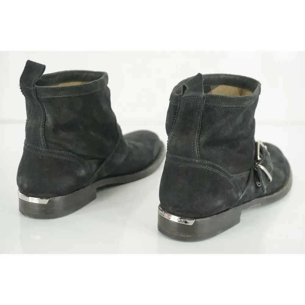 Burberry Black Suede Motor Biker Short Ankle Boots Size 35 House Check